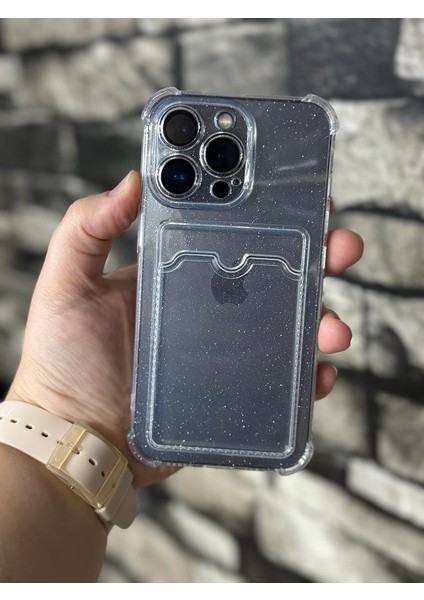Iphone 12 Pro Max Kılıf Simli Kartlıklı Darbe Emicili Şeffaf Renk Silikon Kılıf Kapak
