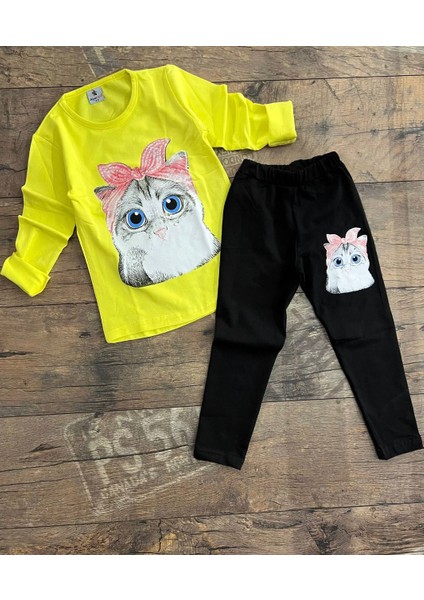Kız Çocuk Kedi Baskılı Uzun Kollu Taytlı Ikili Takım