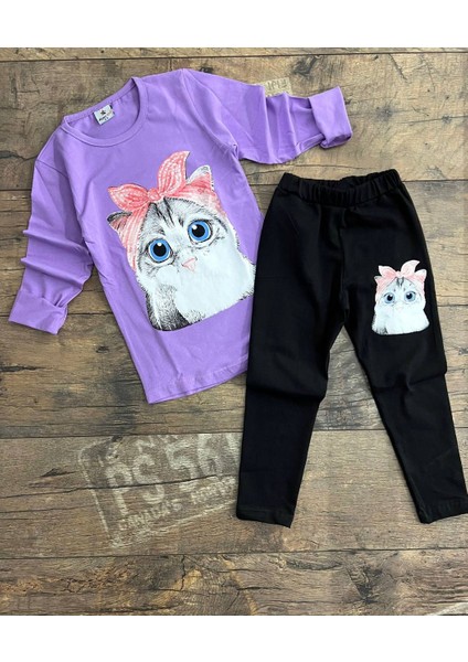 Kız Çocuk Kedi Baskılı Uzun Kollu Taytlı Ikili Takım