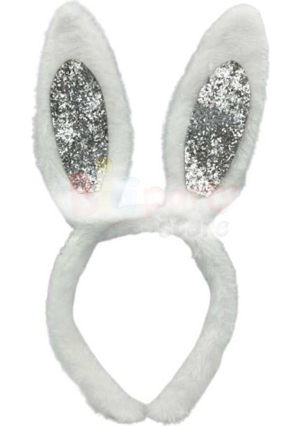 Tavşan Kulak Peluş Gümüş Simli Beyaz Taç