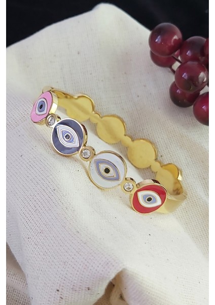 Dört Renkli Mineli Göz Figür Altın Kaplama Çelik Kelepçe 19,5cm