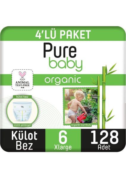 Pure Baby Organik Bambu Özlü Külot Bez 4'lü Paket 6 Numara Xlarge 128 Adet