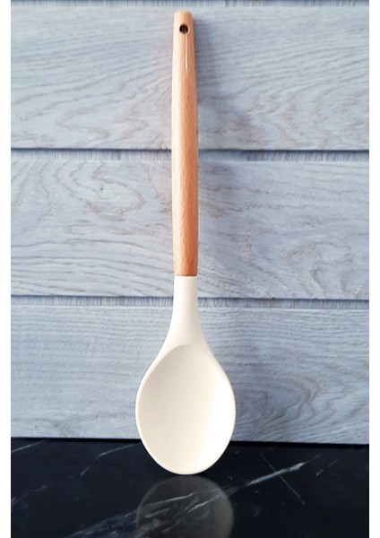 Bambu Saplı Beyaz Çizmez Silikon Kevgir Kepçe Kaşık Makarna Salata Kaşığı Spatula 5'li Servis Set fiyatları