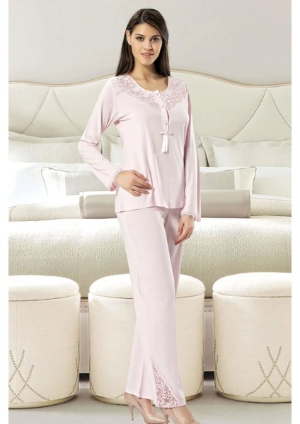2020 Kadın Uzun Kollu Pijama Takım-Pudra