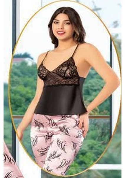 X Ses Xses 2150 Kadın Saten Empirme Sabahlıklı Pijama Takım-Pembe