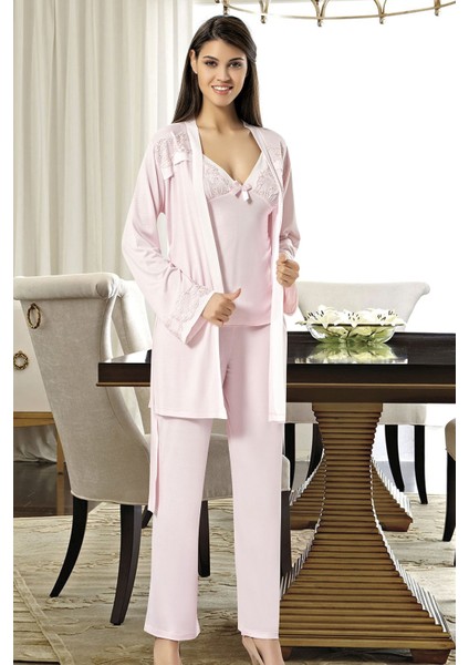 2030 Kadın Sabahlıklı Pijama Takım-Pudra