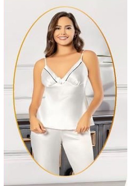 2101 Kadın Saten Sabahlıklı Pijama Takım-Ekru fiyatları
