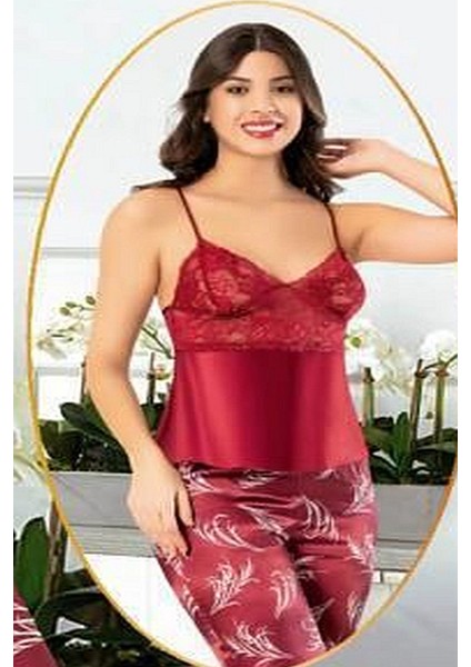 2150 Kadın Saten Empirme Sabahlıklı Pijama Takım-Bordo fiyatları