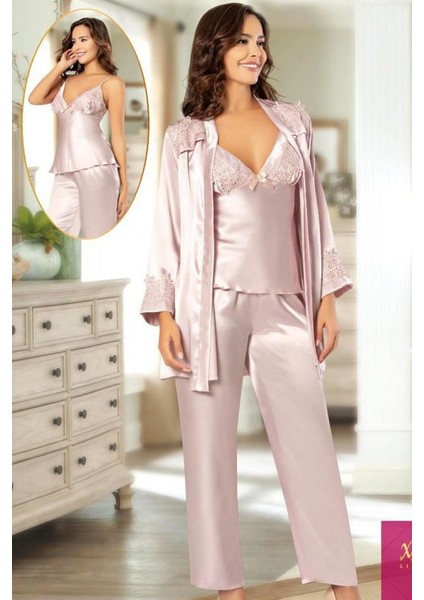 2102 Kadın Saten Sabahlıklı Pijama Takım-Pudra