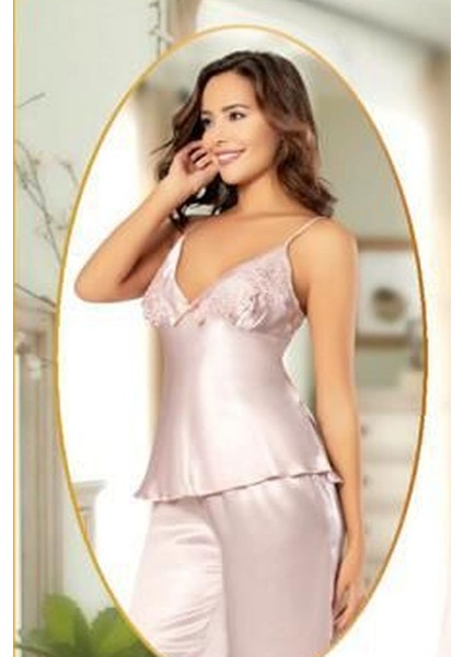 2102 Kadın Saten Sabahlıklı Pijama Takım-Pudra fiyatları
