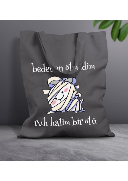 Ruh Halim Bir Ölü Tasarımlı-1 Antrasit Kumaş Bez Çanta fiyatları