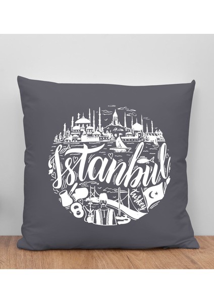 Istanbul Tasarımlı Antrasit Kırlent Yastık, Arkadaşa Hediye, Ev Dekorasyonu, Ev Hediyesi-1