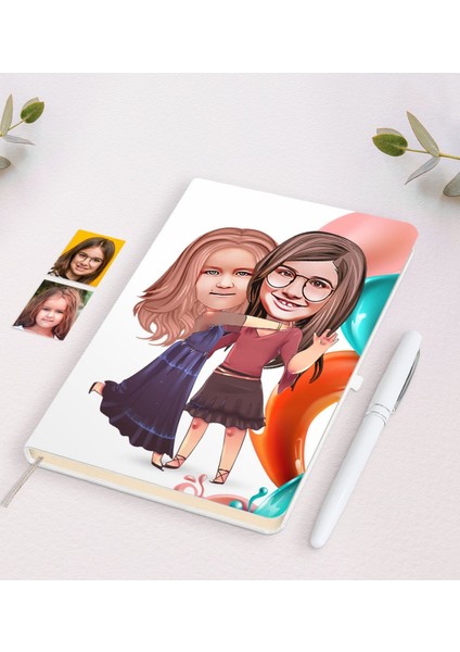 Kişiye Özel Kız Kardeşler Karikatürlü Beyaz Defter ve Kalem Hediye Seti-6