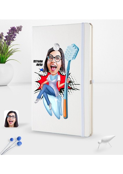 Kişiye Özel Kadın Diş Hekimi Karikatürlü Beyaz Termo Deri Defter 16X24CM Model 3