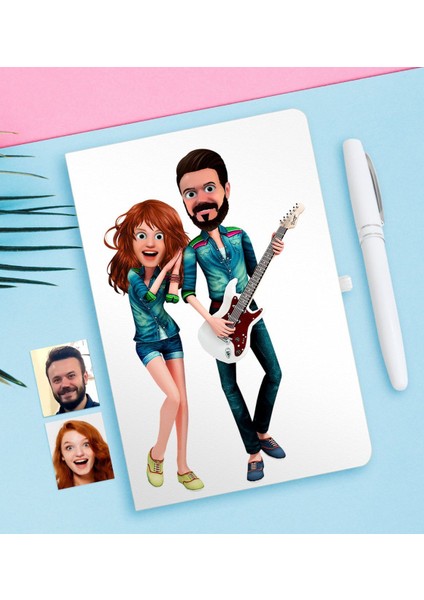 Kişiye Özel Sevgililer Animasyon Karikatürlü Beyaz Defter ve Kalem Hediye Seti-31