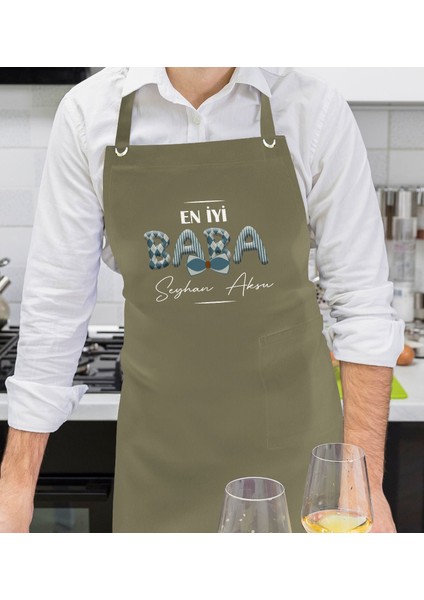 Kişiye Özel Isimli Babalar Günü Tasarımlı Profesyonel Haki Yeşili Mutfak Önlüğü-9, Aşçı Önlüğü, Şef Önlüğü, Babaya Hediye