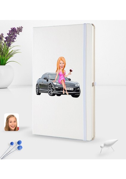 Kişiye Özel Plakalı Kadın Mazda Rx-8 Karikatürlü Beyaz Termo Deri Defter 16X24CM Model 1