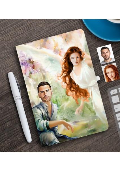 Kişiye Özel Sevgililer Karikatürlü Beyaz Defter ve Kalem Hediye Seti-38