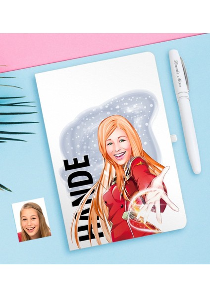 Kişiye Özel Bayan Karikatürlü Beyaz Defter ve Kalem Hediye Seti-34