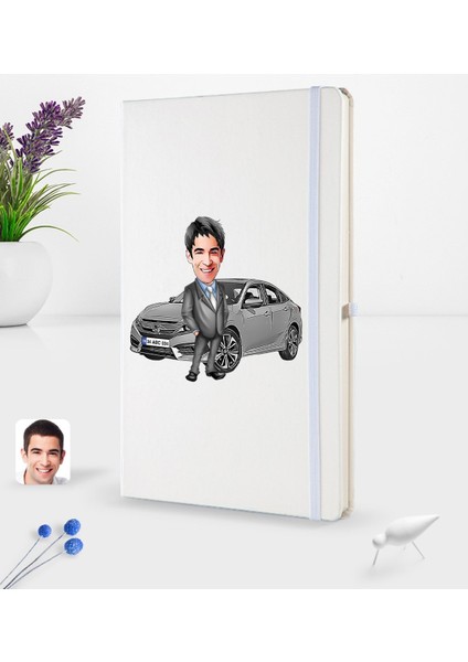 Kişiye Özel Plakalı Erkek Honda Civic Karikatürlü Beyaz Termo Deri Defter 16X24CM Model 1