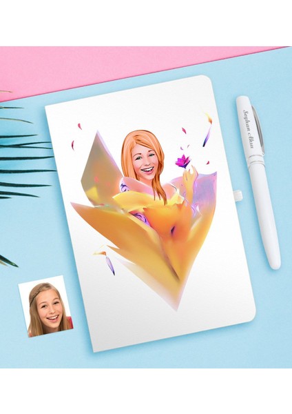 Kişiye Özel Kadın Soyut Karikatürlü Beyaz Defter ve Kalem Hediye Seti-8