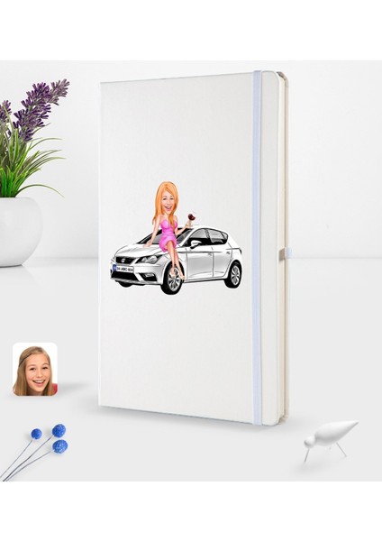 Kişiye Özel Plakalı Kadın Seat Leon Karikatürlü Beyaz Termo Deri Defter 16X24CM Model 2