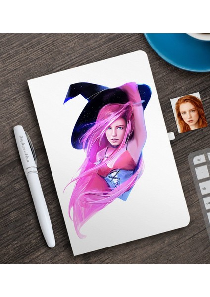 Kişiye Özel Bayan Cadı Karikatürlü Beyaz Defter ve Kalem Hediye Seti-4