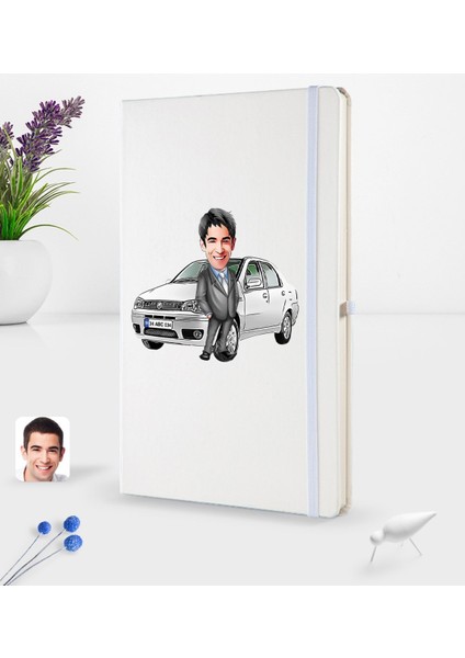 Kişiye Özel Plakalı Erkek Fiat Albea Karikatürlü Beyaz Termo Deri Defter 16X24CM Model 2
