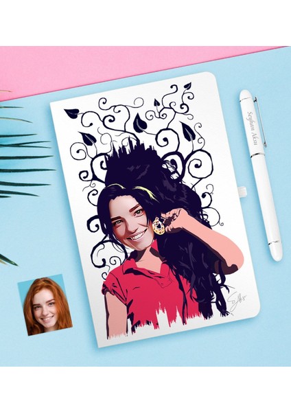 Kişiye Özel Kadın Soyut Karikatürlü Beyaz Defter ve Kalem Hediye Seti-1