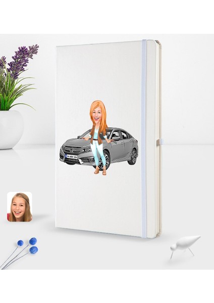 Kişiye Özel Plakalı Kadın Honda Civic Karikatürlü Beyaz Termo Deri Defter 16X24CM Model 1
