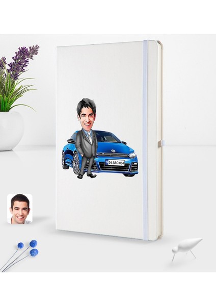 Kişiye Özel Plakalı Erkek Volkswagen Scirocco Karikatürlü Beyaz Termo Deri Defter 16X24CM Model 1