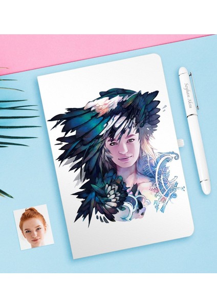 Kişiye Özel Kadın Soyut Karikatürlü Beyaz Defter ve Kalem Hediye Seti-3