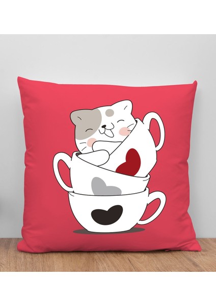 Kedi Tasarımlı Kırmızı Kırlent Yastık, Arkadaşa Hediye, Ev Dekorasyonu, Ev Hediyesi-10
