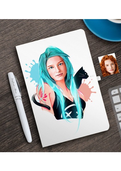 Kişiye Özel Kedili Kız Karikatürlü Beyaz Defter ve Kalem Hediye Seti-1