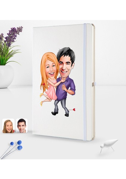 Kişiye Özel Sevgililer Karikatürlü Beyaz Termo Deri Defter 16X24CM Model 3
