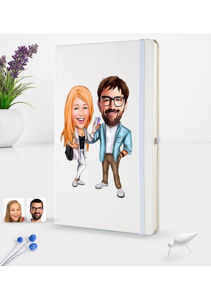 Kişiye Özel Sevgililer Karikatürlü Beyaz Termo Deri Defter 16X24CM Model 93