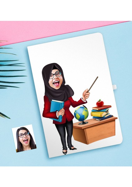 Kişiye Özel Tesettürlü Bayan Öğretmen Karikatürlü Defter-1