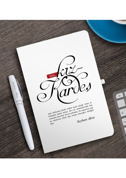 Kişiye Özel Mânâ Kız Kardeş Beyaz Defter ve Kalem Hediye Seti