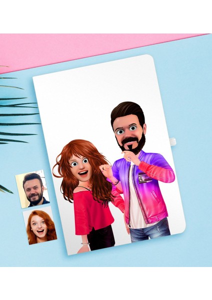 Kişiye Özel Sevgililer Animasyon Karikatürlü Beyaz Defter-32