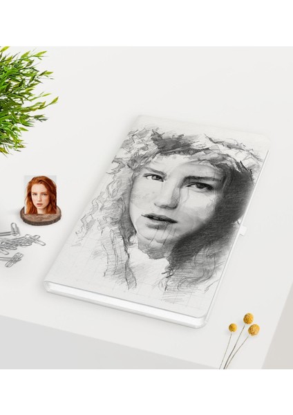 Kişiye Özel Kadın Karakalem Sanatsal Portre Tasarımlı Beyaz Defter-1