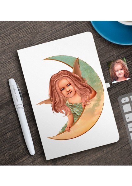 Kişiye Özel Kız Çocuk Melek Karikatürlü Beyaz Defter ve Kalem Hediye Seti-1