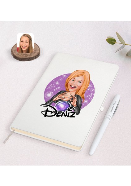 Kişiye Özel Kadın Astrolog Karikatürlü Beyaz Defter ve Kalem Hediye Seti-1