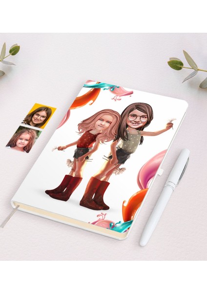Kişiye Özel Kız Kardeşler Karikatürlü Beyaz Defter ve Kalem Hediye Seti-5