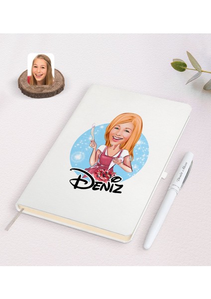 Kişiye Özel Kadın Aşçı Karikatürlü Beyaz Defter ve Kalem Hediye Seti-1