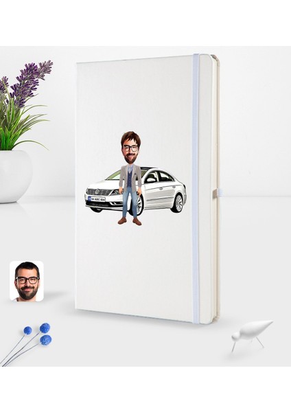 Kişiye Özel Plakalı Erkek Volkswagen Passat Karikatürlü Beyaz Termo Deri Defter 16X24CM Model 1