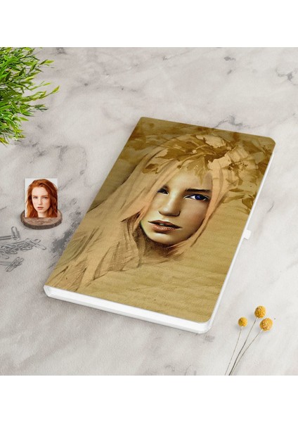 Kişiye Özel Kadın Retro Sanatsal Portre Tasarımlı Beyaz Defter-1