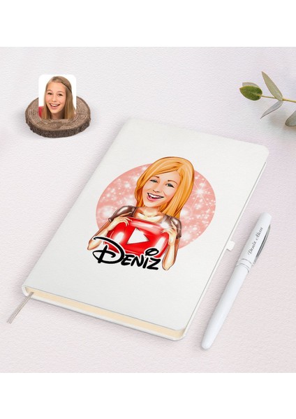 Kişiye Özel Kadın Youtuber Karikatürlü Beyaz Defter ve Kalem Hediye Seti-1