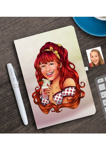 Kişiye Özel Kadın Karikatürlü Beyaz Defter ve Kalem Hediye Seti-54