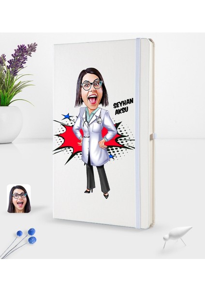 Kişiye Özel Kadın Doktor Karikatürlü Beyaz Termo Deri Defter 16X24CM Model 1