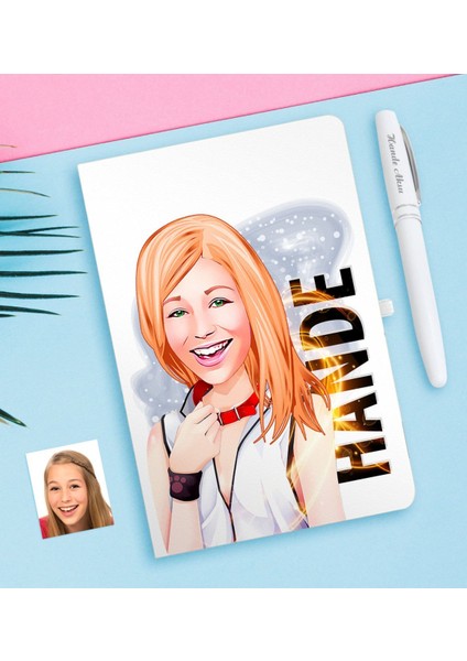 Kişiye Özel Bayan Karikatürlü Beyaz Defter ve Kalem Hediye Seti-35